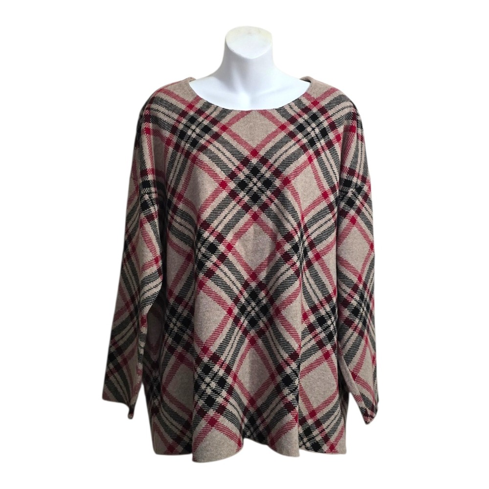 Tahari Tan Plaid Round Neck Dropped Shoulder Sweater Sz 2X